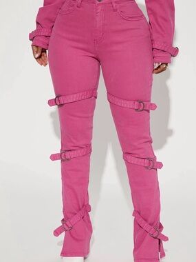 Fashion Nova Pink Buckle Detail High-Waist Jeans